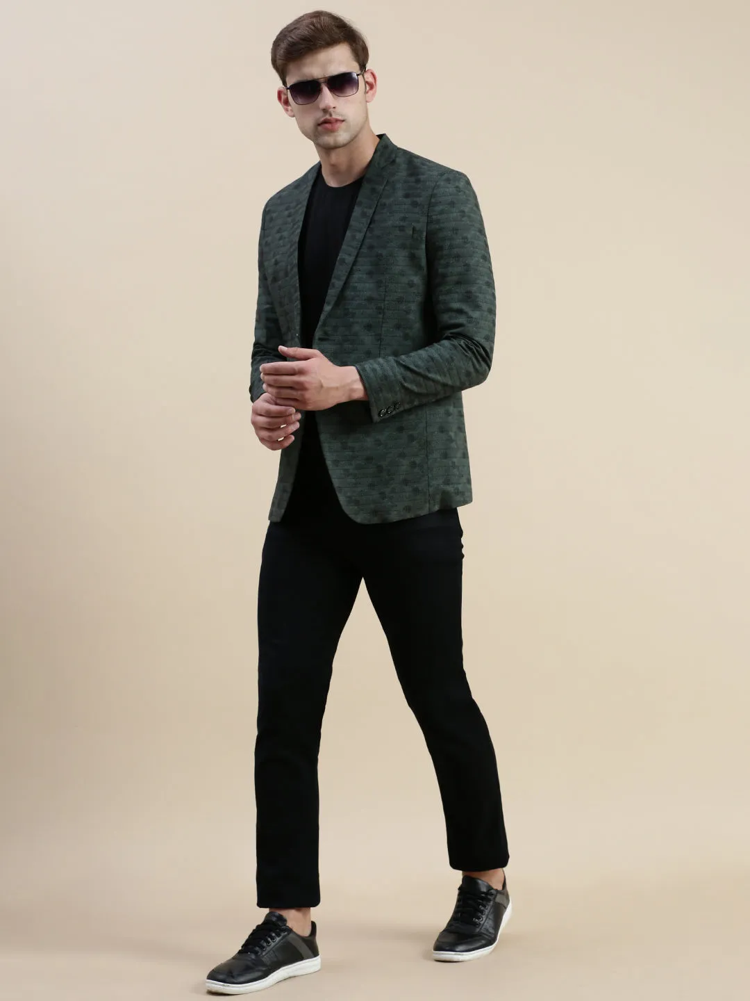 Men Olive Printed Slim-Fit Single Breasted Casual Blazers
