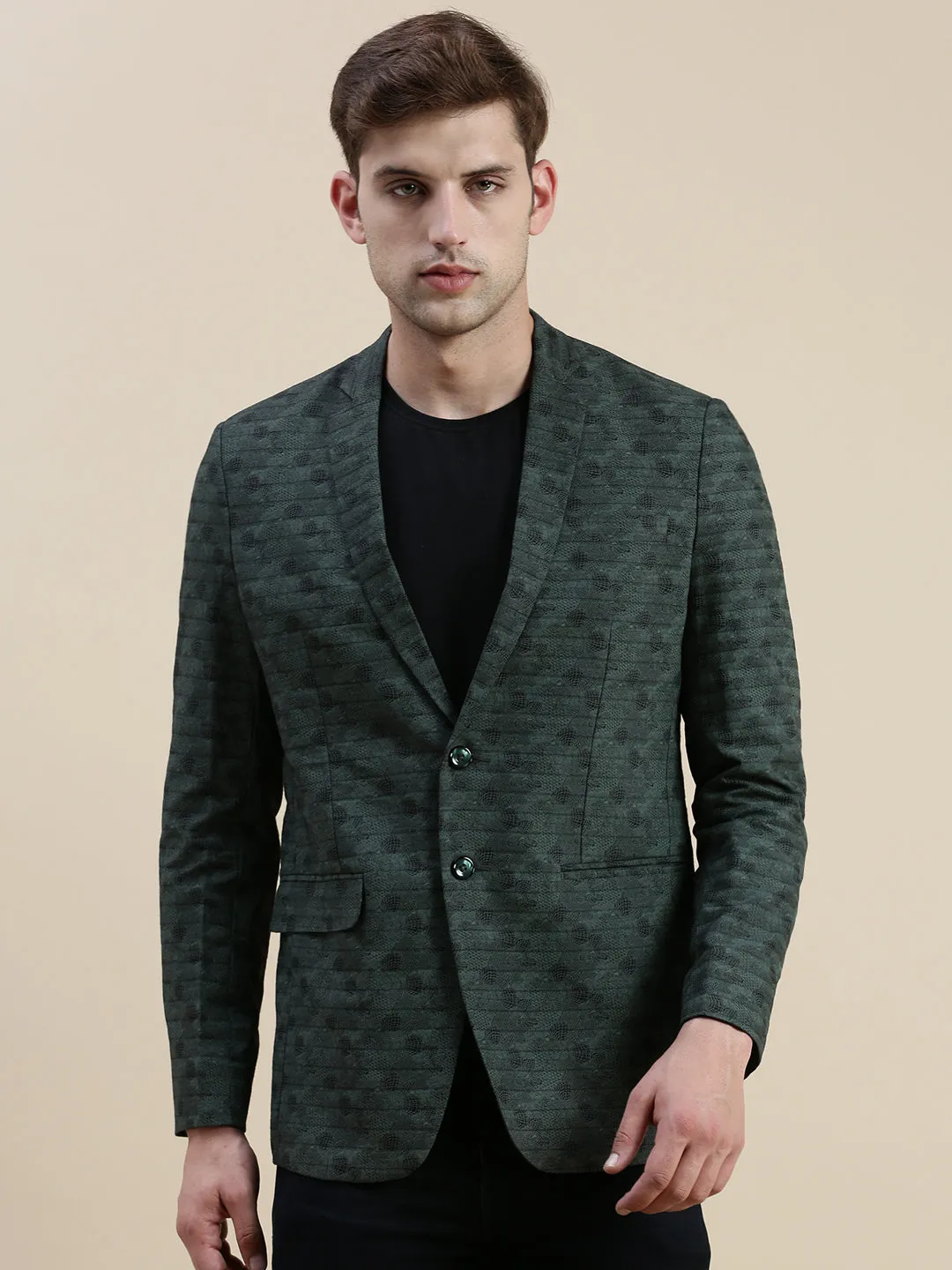 Men Olive Printed Slim-Fit Single Breasted Casual Blazers