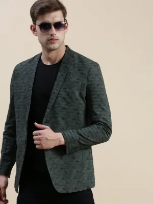 Men Olive Printed Slim-Fit Single Breasted Casual Blazers
