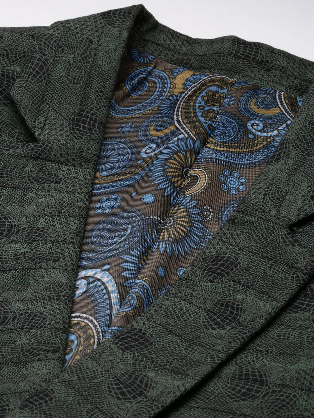 Men Olive Printed Slim-Fit Single Breasted Casual Blazers