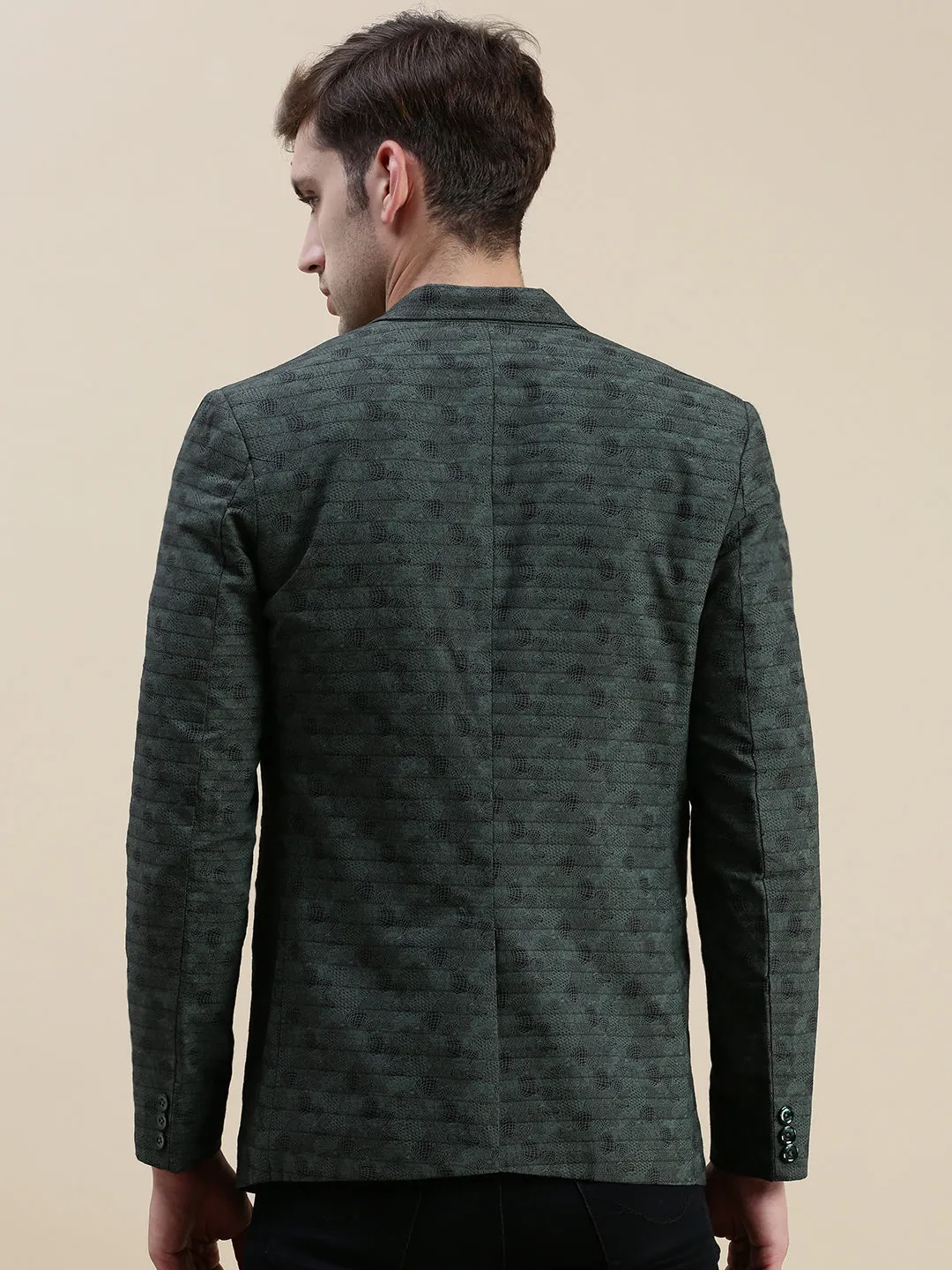 Men Olive Printed Slim-Fit Single Breasted Casual Blazers