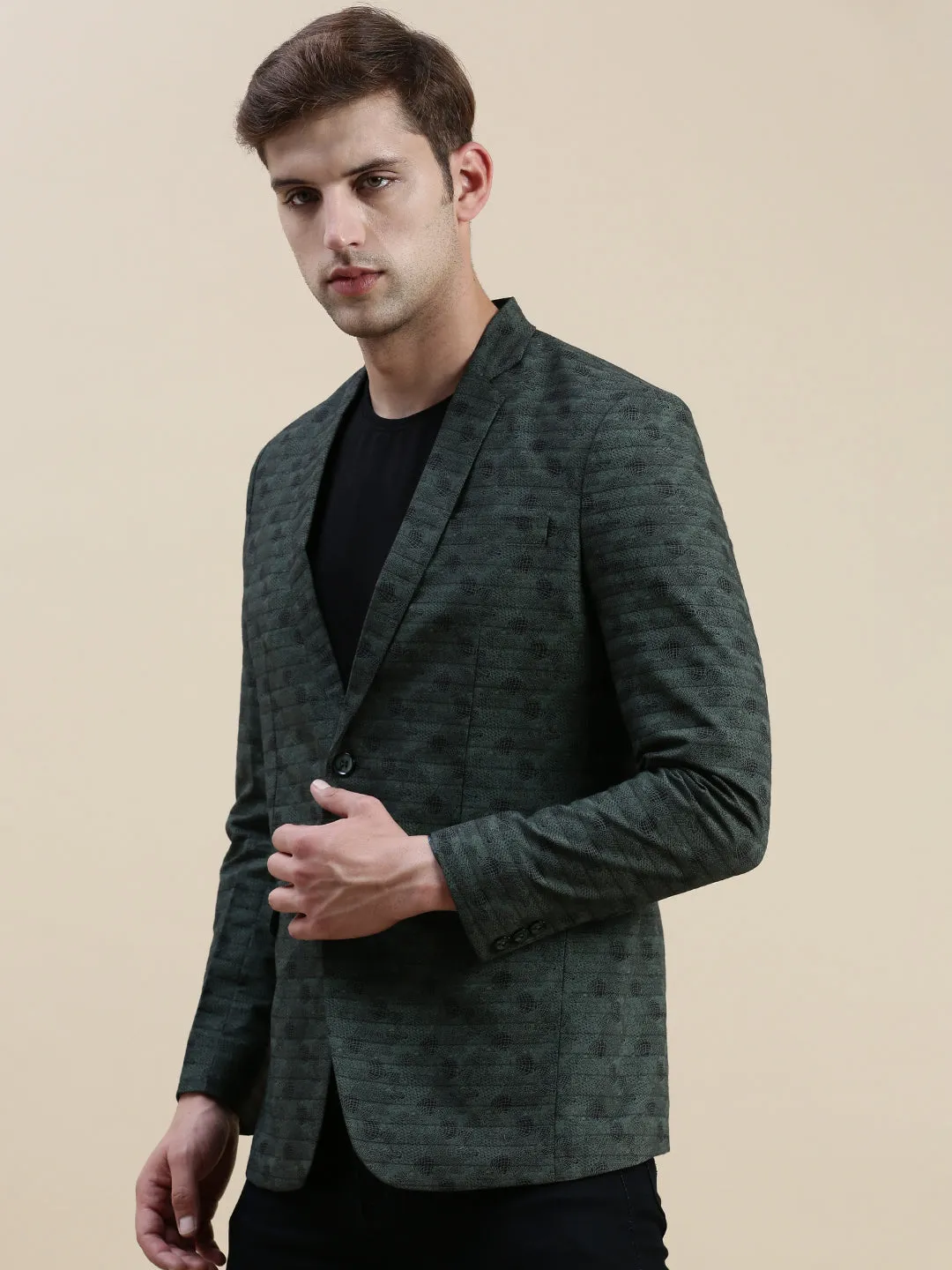 Men Olive Printed Slim-Fit Single Breasted Casual Blazers