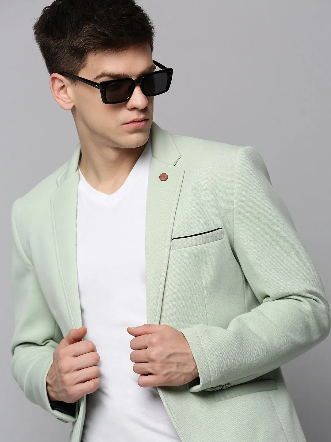Men Sea Green Single-Breasted Blazers