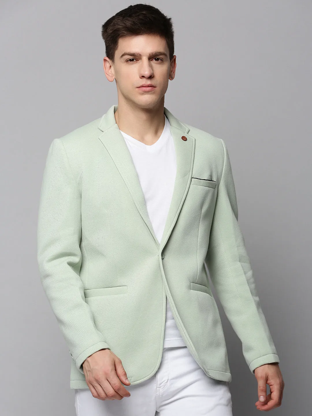 Men Sea Green Single-Breasted Blazers