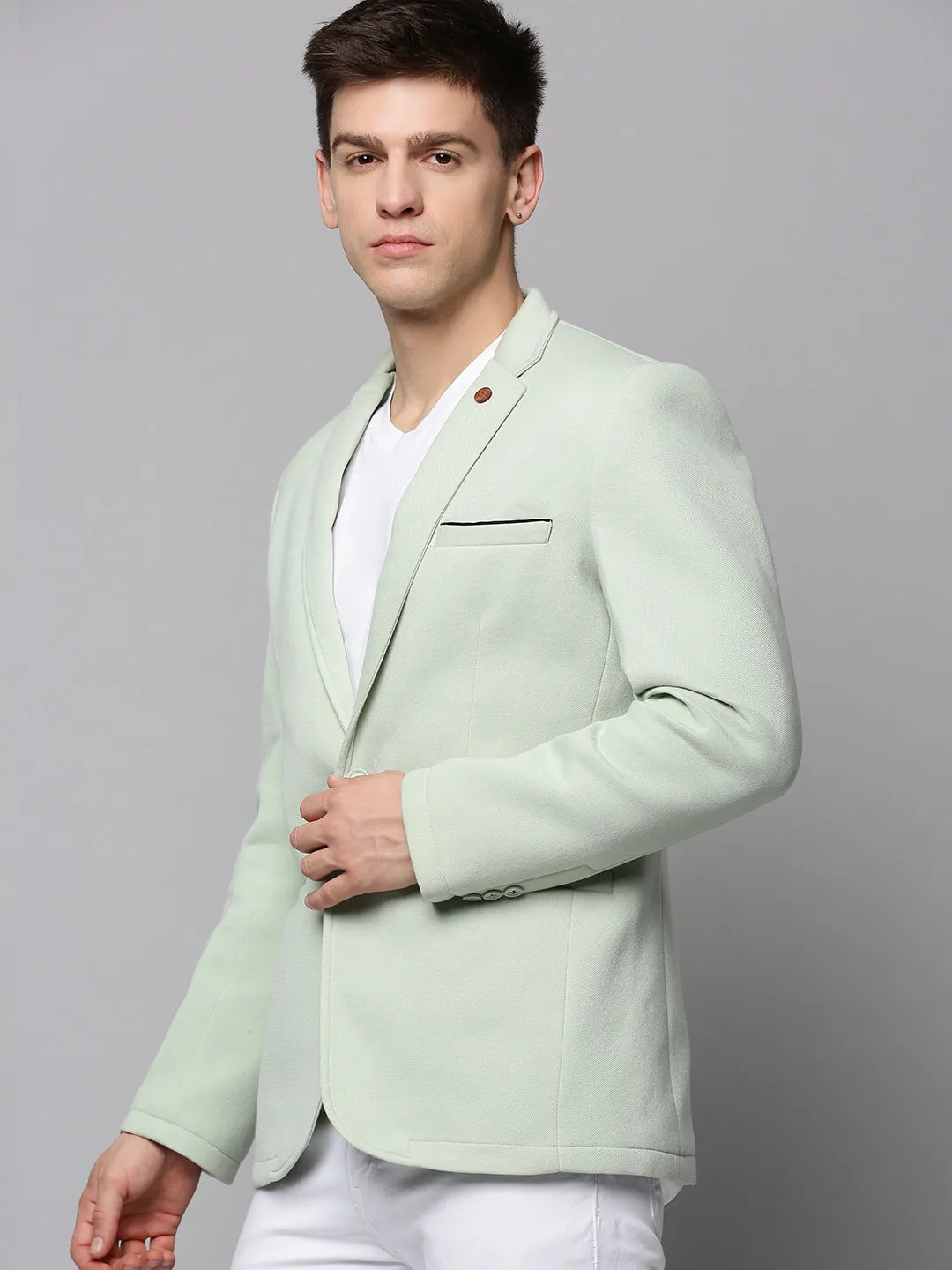 Men Sea Green Single-Breasted Blazers