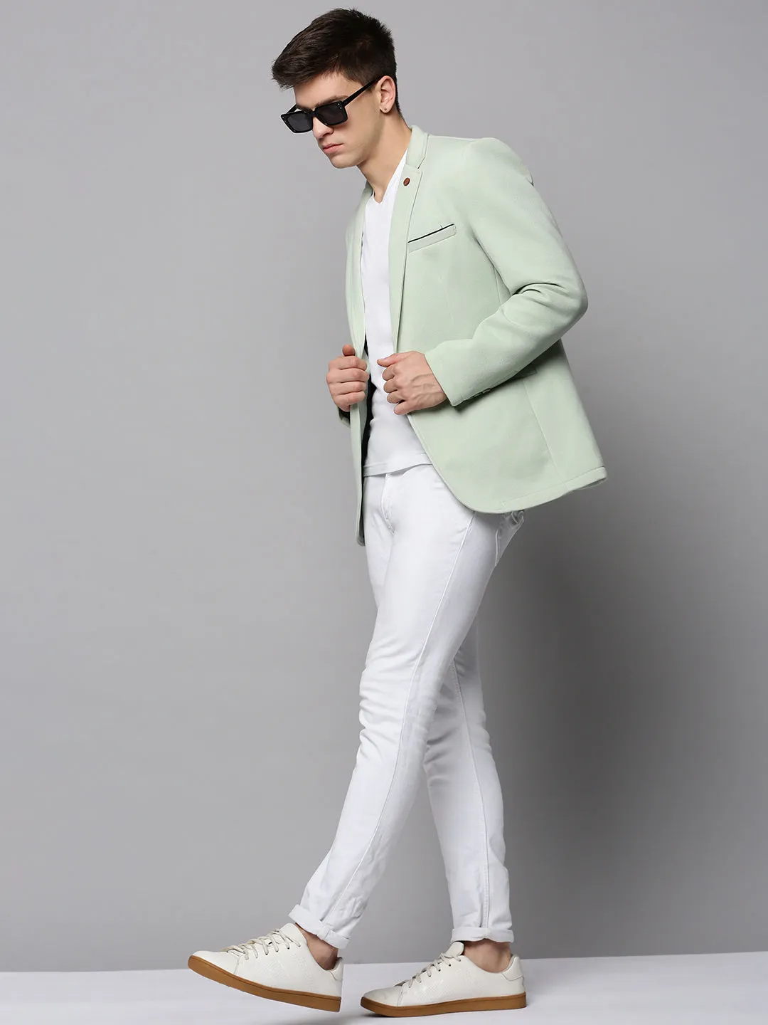 Men Sea Green Single-Breasted Blazers