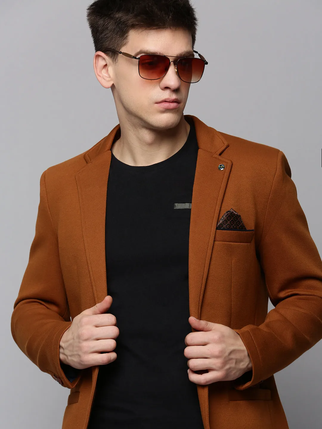 Men Tan Single-Breasted Casual Blazers