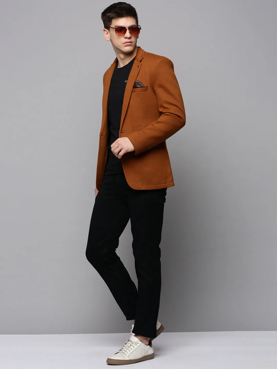 Men Tan Single-Breasted Casual Blazers