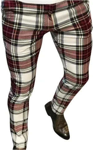 Mens Casual Stretch Plaid Pants Slim Fit Tapered Skinny Business Dress Pants Fashion Contrast Color Check Pencil Trouser Wine