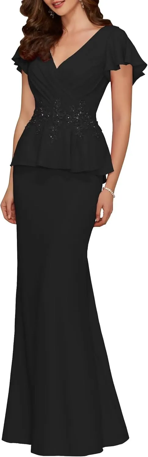 Mermaid Mother of The Bride Dresses Long Chiffon Applique Formal Evening Gowns V Neck Pleated Wedding Guest Dresses