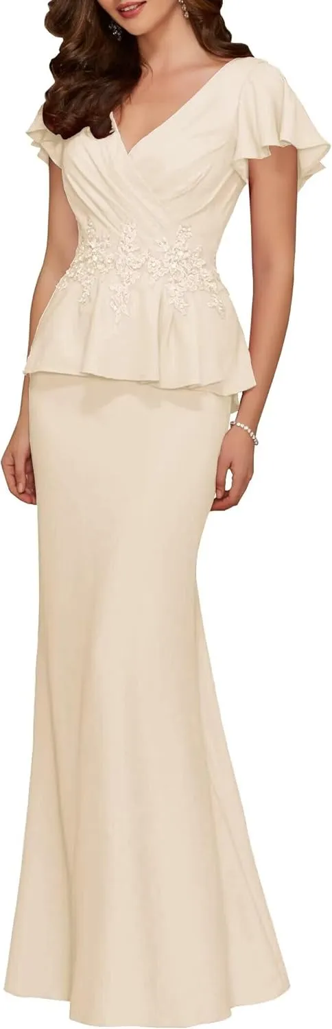 Mermaid Mother of The Bride Dresses Long Chiffon Applique Formal Evening Gowns V Neck Pleated Wedding Guest Dresses