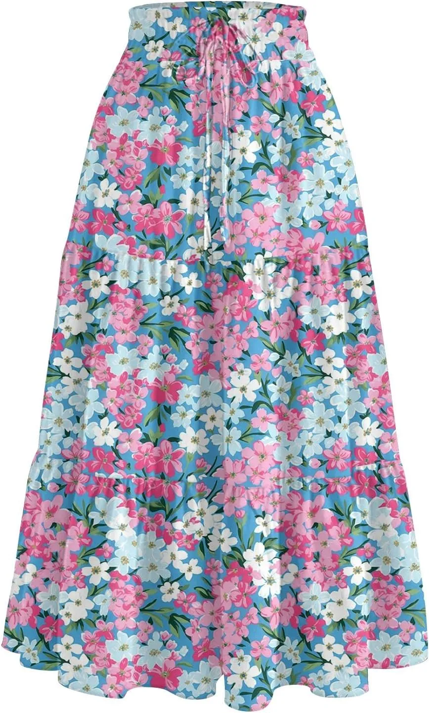 Midi Boho Floral Skirts for Women Trendy Tiered Comfy Flowy A Line Skirt Drawstring High Elastic Waist Skorts with Pockets