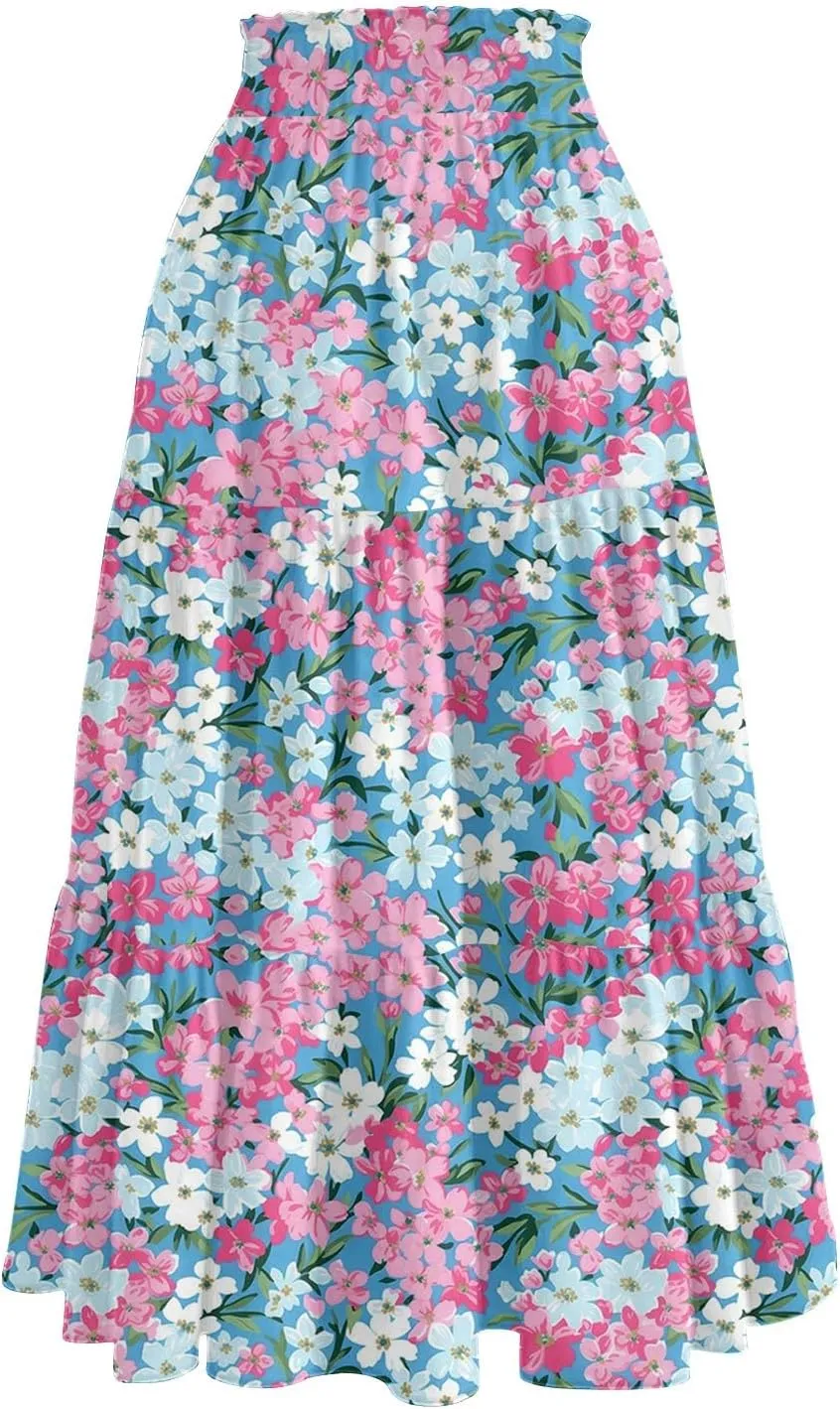 Midi Boho Floral Skirts for Women Trendy Tiered Comfy Flowy A Line Skirt Drawstring High Elastic Waist Skorts with Pockets
