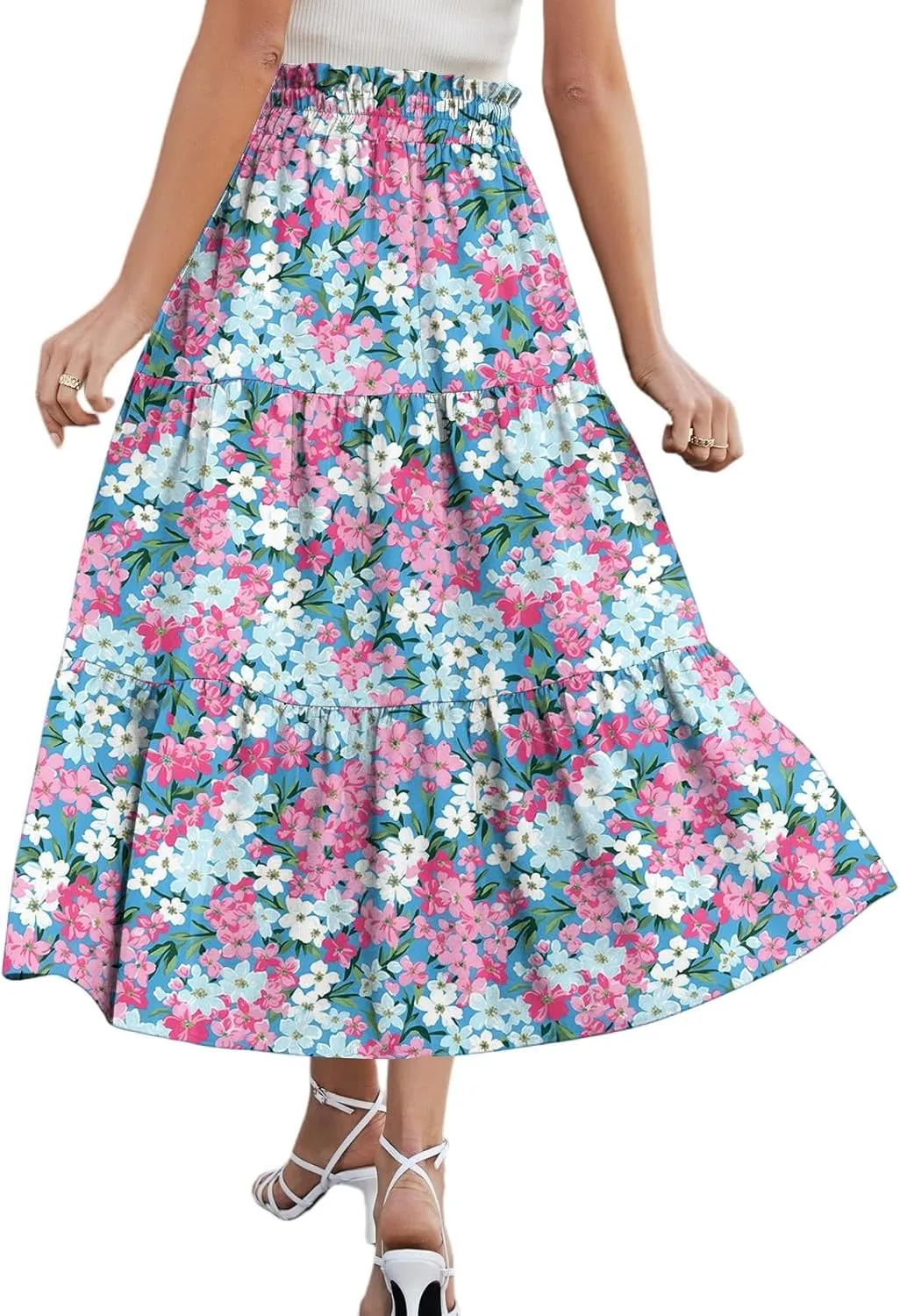 Midi Boho Floral Skirts for Women Trendy Tiered Comfy Flowy A Line Skirt Drawstring High Elastic Waist Skorts with Pockets