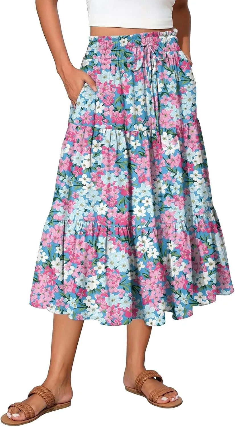 Midi Boho Floral Skirts for Women Trendy Tiered Comfy Flowy A Line Skirt Drawstring High Elastic Waist Skorts with Pockets