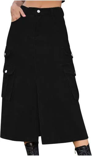 Midi Denim Skirt High Waisted Slit Casual Stretch Knee Length Jean Skirt for Womens Y2K Cargo Skirt with Pockets