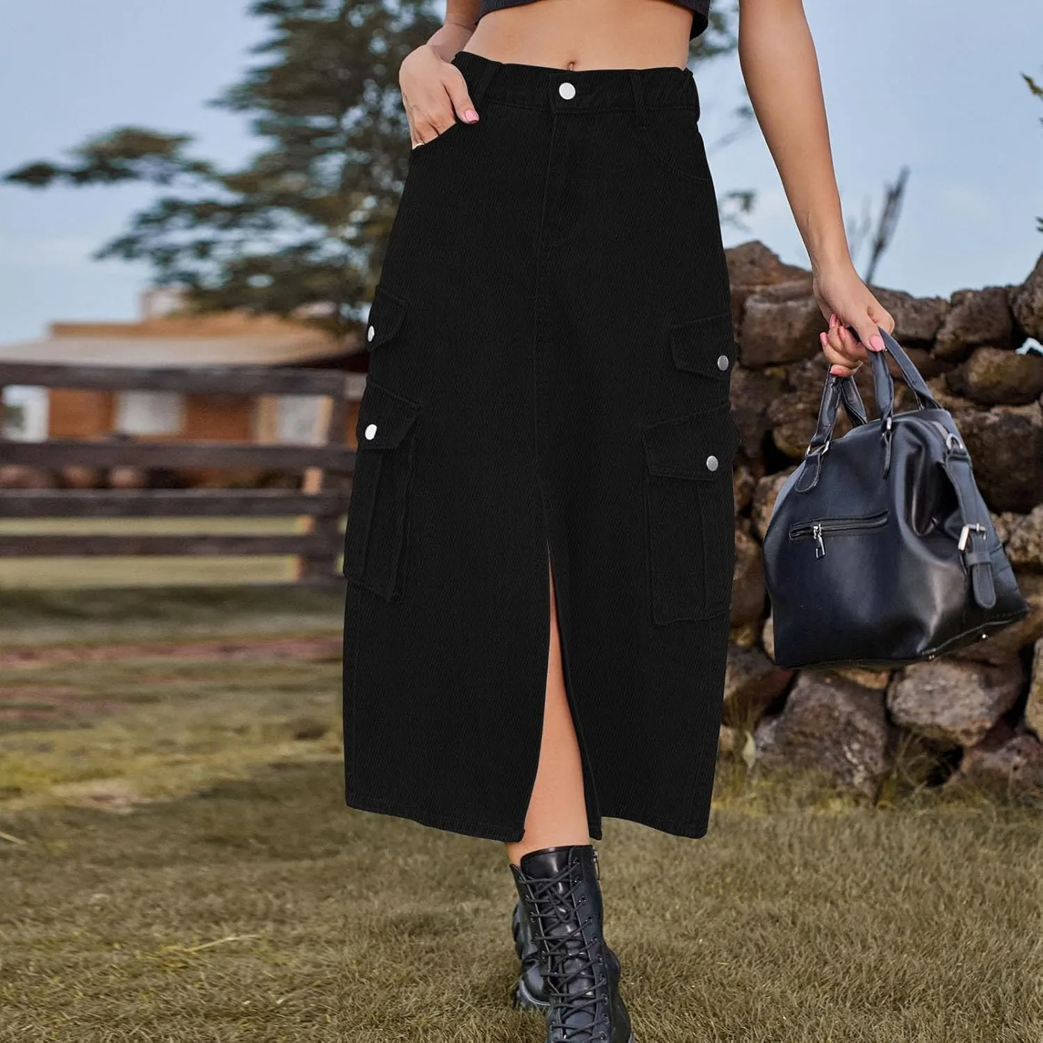 Midi Denim Skirt High Waisted Slit Casual Stretch Knee Length Jean Skirt for Womens Y2K Cargo Skirt with Pockets