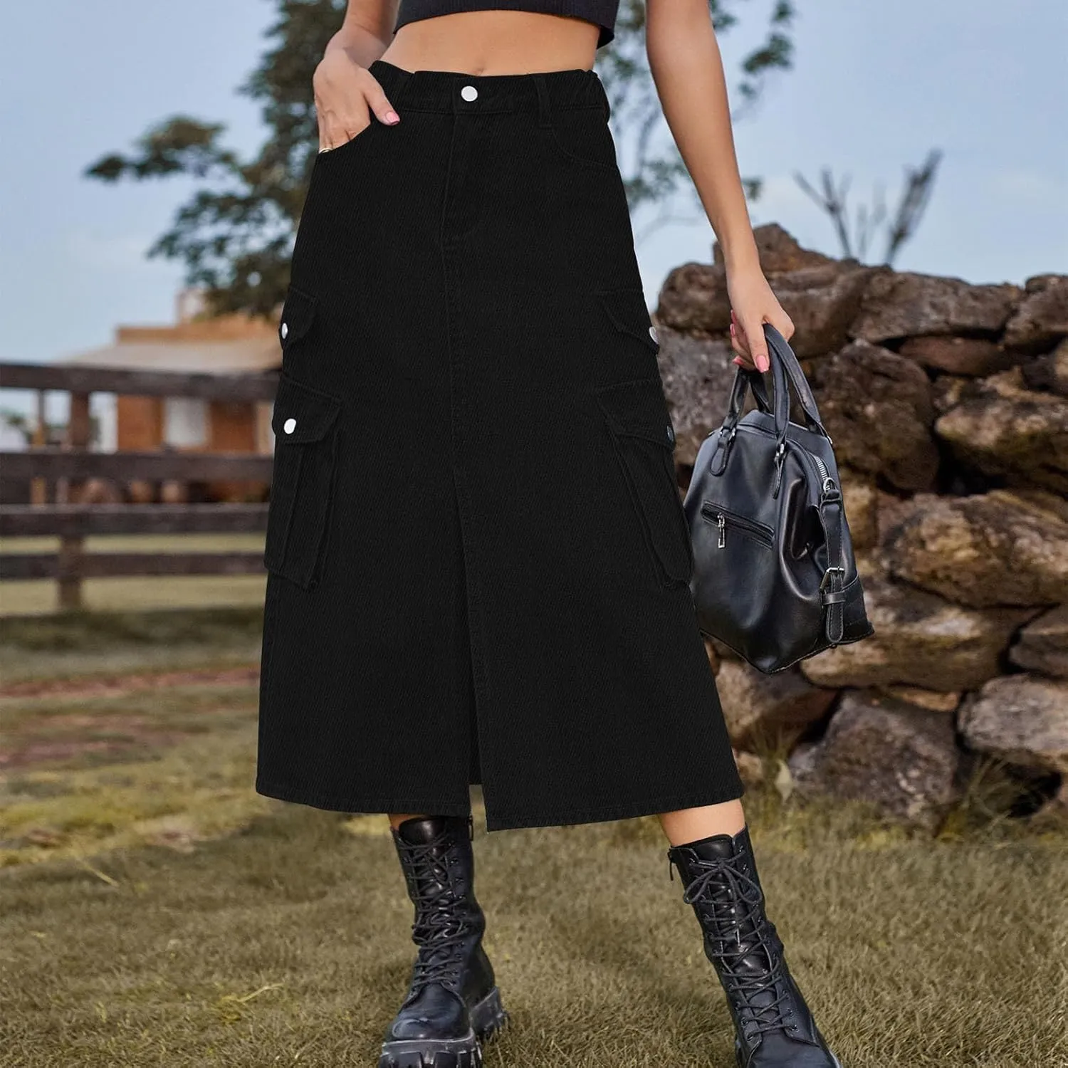 Midi Denim Skirt High Waisted Slit Casual Stretch Knee Length Jean Skirt for Womens Y2K Cargo Skirt with Pockets