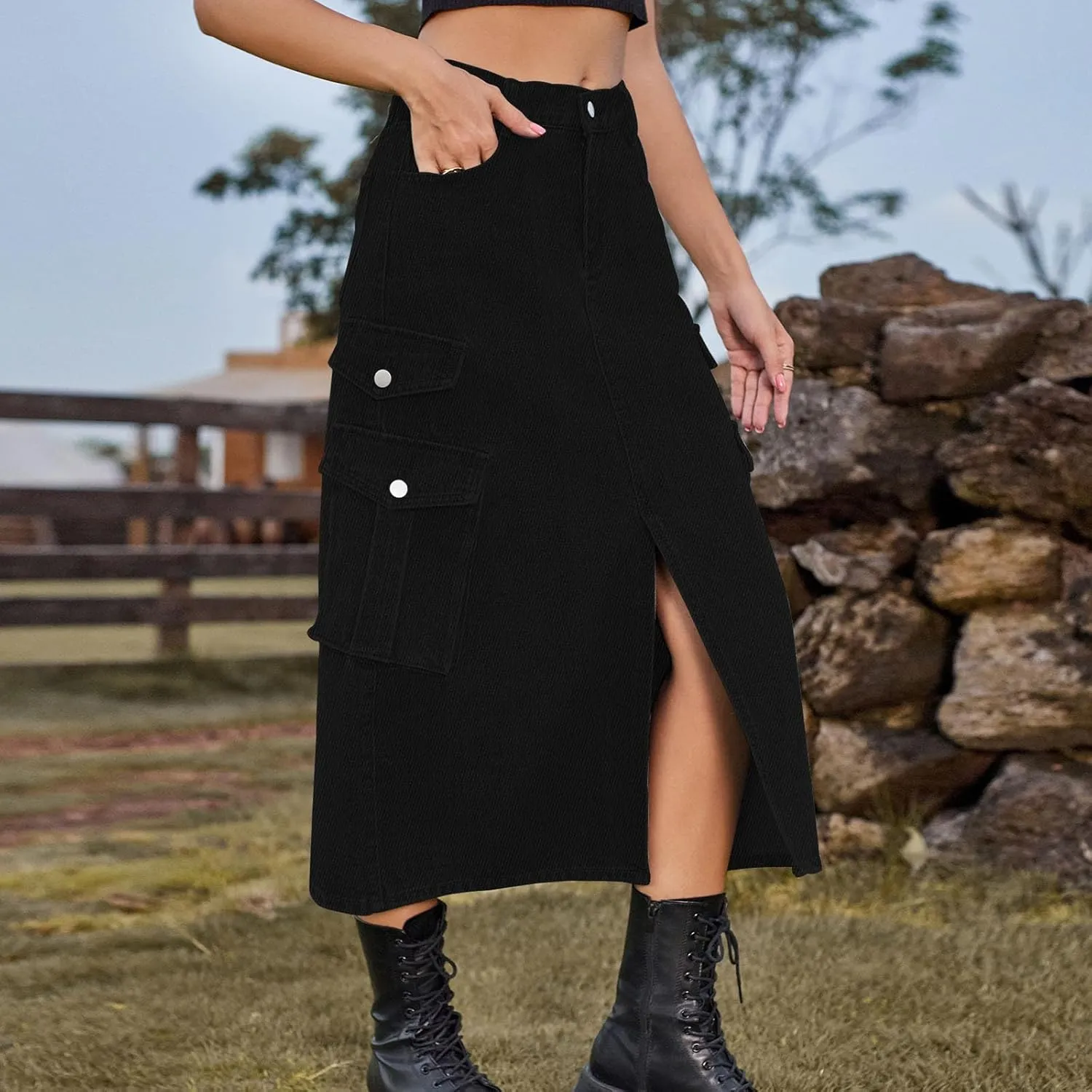 Midi Denim Skirt High Waisted Slit Casual Stretch Knee Length Jean Skirt for Womens Y2K Cargo Skirt with Pockets
