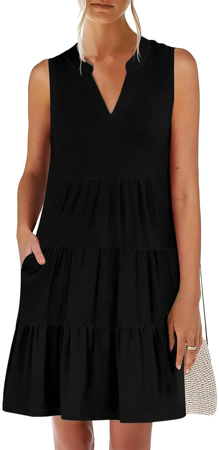 Midi Dress for Women Sleeveless V Neck Tiered Summer Dresses Flowy Swing Sundress Boho Beach Vacation Dress
