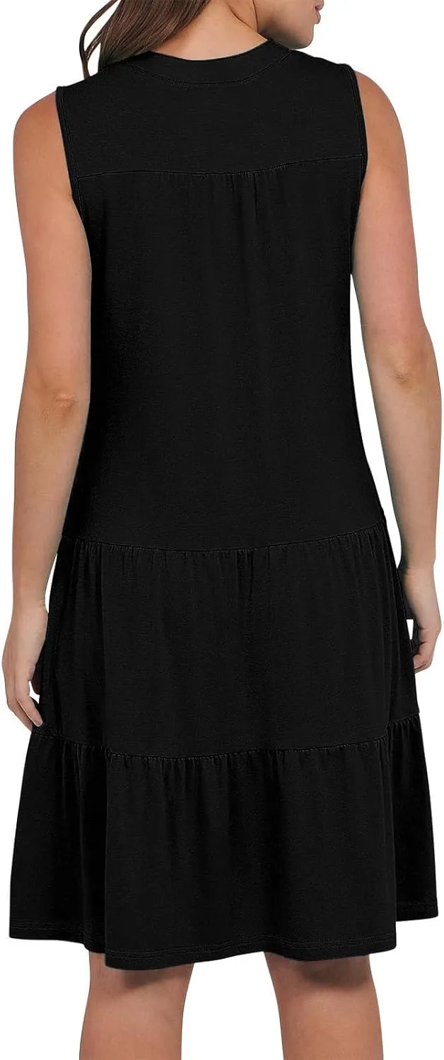 Midi Dress for Women Sleeveless V Neck Tiered Summer Dresses Flowy Swing Sundress Boho Beach Vacation Dress