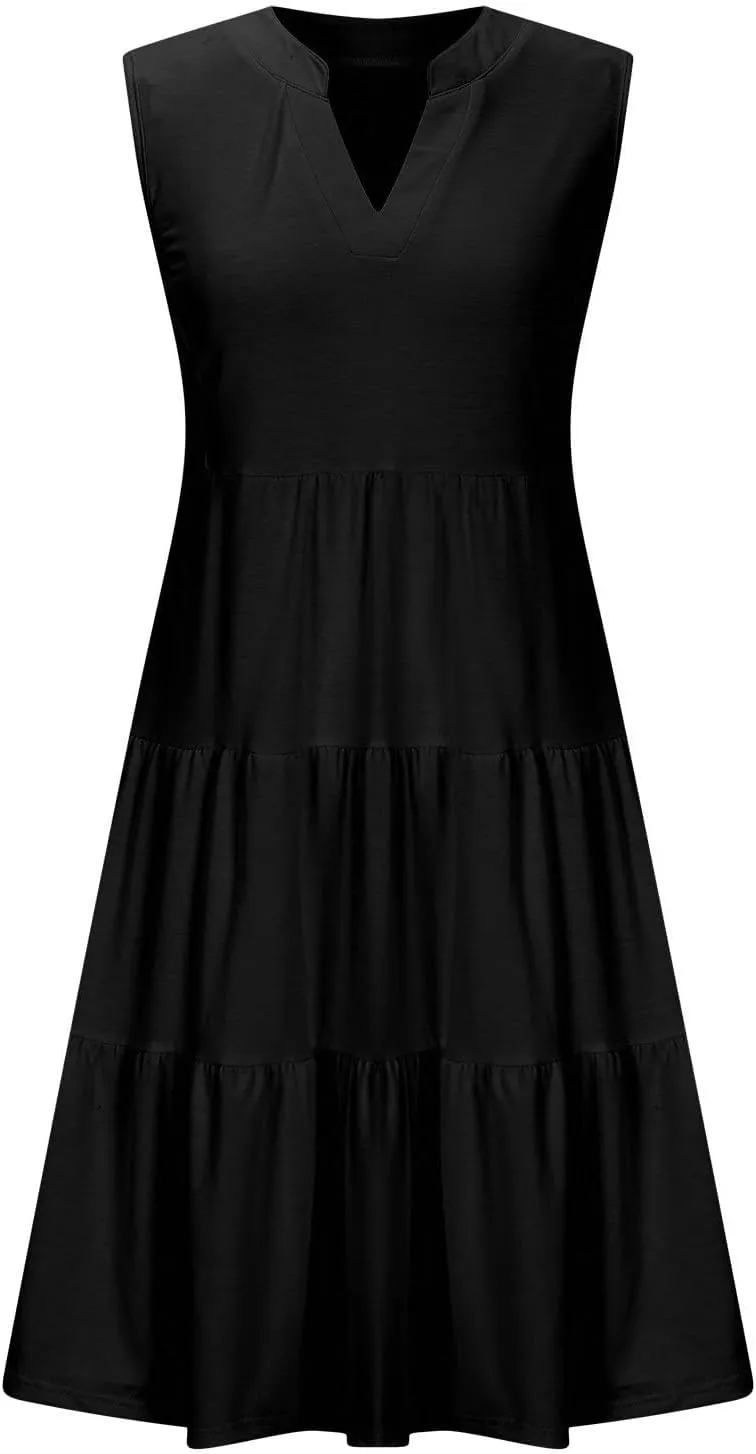 Midi Dress for Women Sleeveless V Neck Tiered Summer Dresses Flowy Swing Sundress Boho Beach Vacation Dress