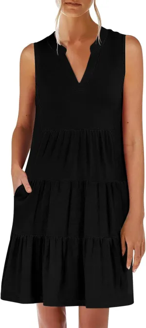 Midi Dress for Women Sleeveless V Neck Tiered Summer Dresses Flowy Swing Sundress Boho Beach Vacation Dress