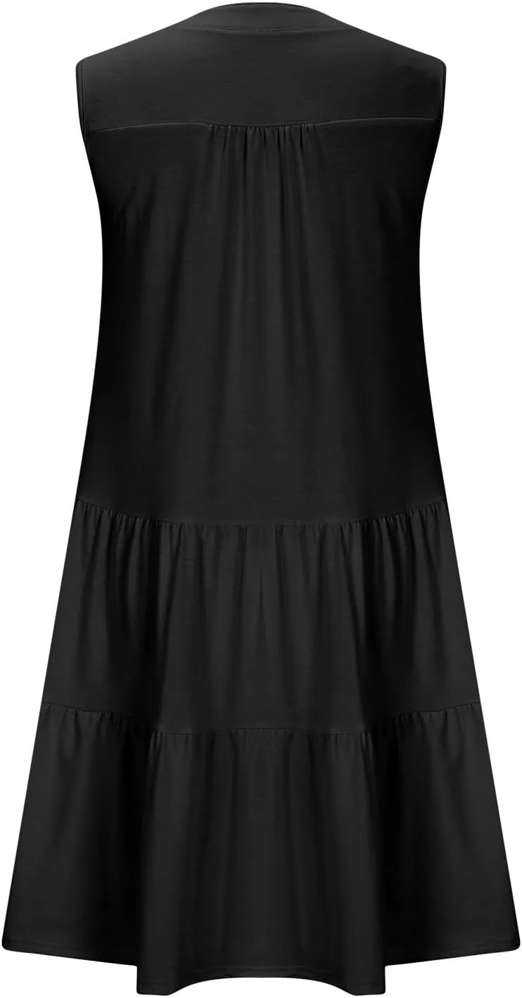 Midi Dress for Women Sleeveless V Neck Tiered Summer Dresses Flowy Swing Sundress Boho Beach Vacation Dress