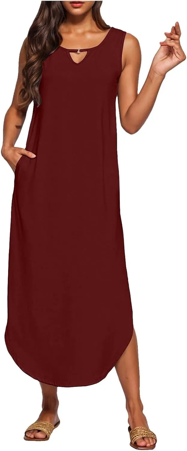 Midi Dresses for Women 2025 Boho V Neck Sleeveless Tank Sundresses Casual Loose Beach Long Maxi Dress Summer Dress