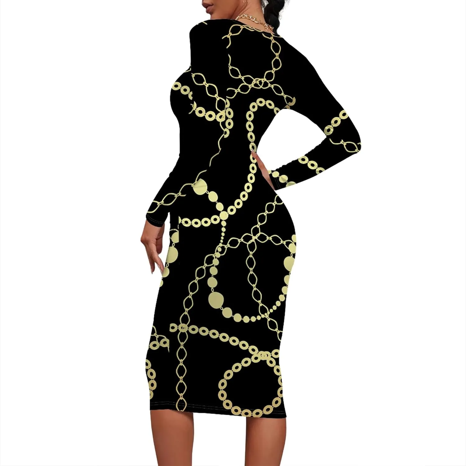 Midi Dresses for Women Casual Long Sleeve Round Neck Slim Fit Sexy Ruched Wrap Basic Pencil Above Knee Party Cocktail Dress