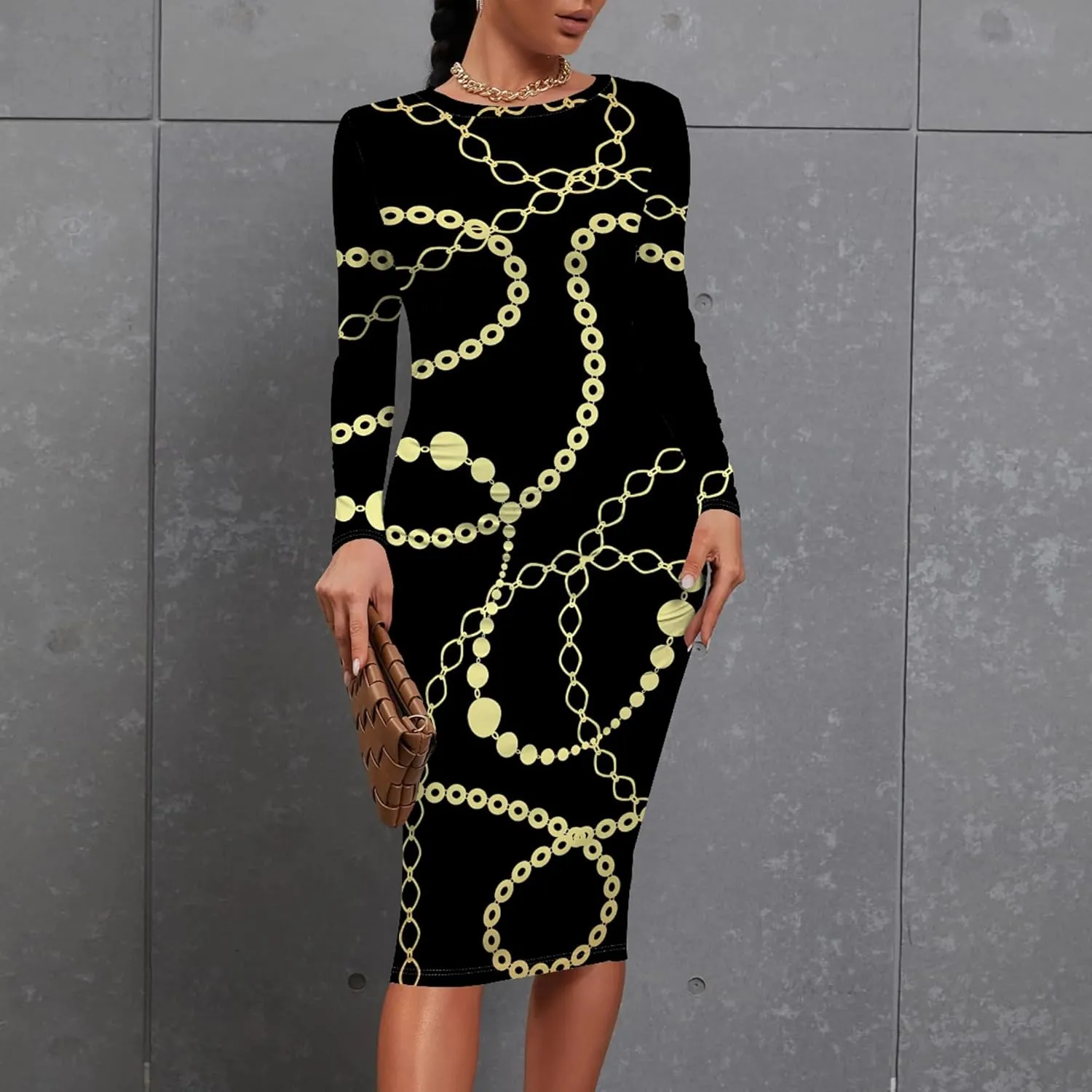 Midi Dresses for Women Casual Long Sleeve Round Neck Slim Fit Sexy Ruched Wrap Basic Pencil Above Knee Party Cocktail Dress