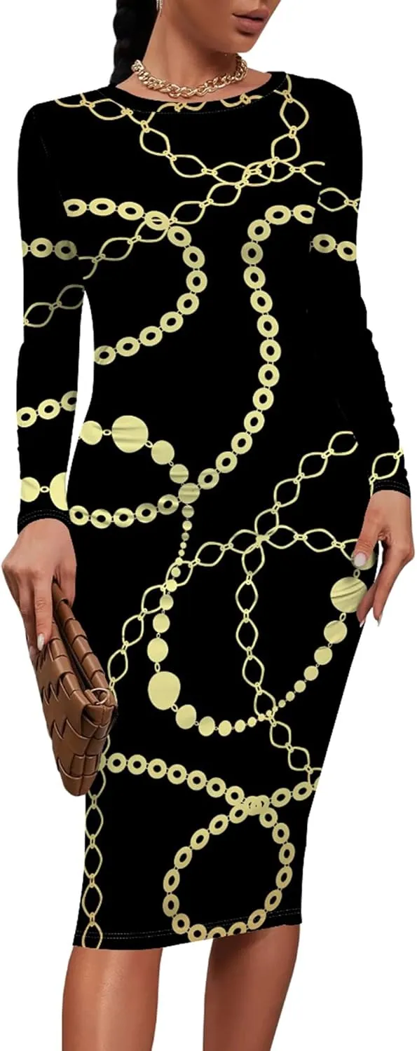 Midi Dresses for Women Casual Long Sleeve Round Neck Slim Fit Sexy Ruched Wrap Basic Pencil Above Knee Party Cocktail Dress