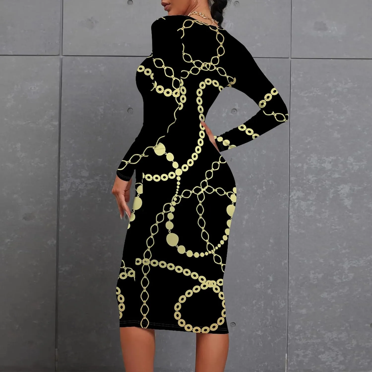 Midi Dresses for Women Casual Long Sleeve Round Neck Slim Fit Sexy Ruched Wrap Basic Pencil Above Knee Party Cocktail Dress