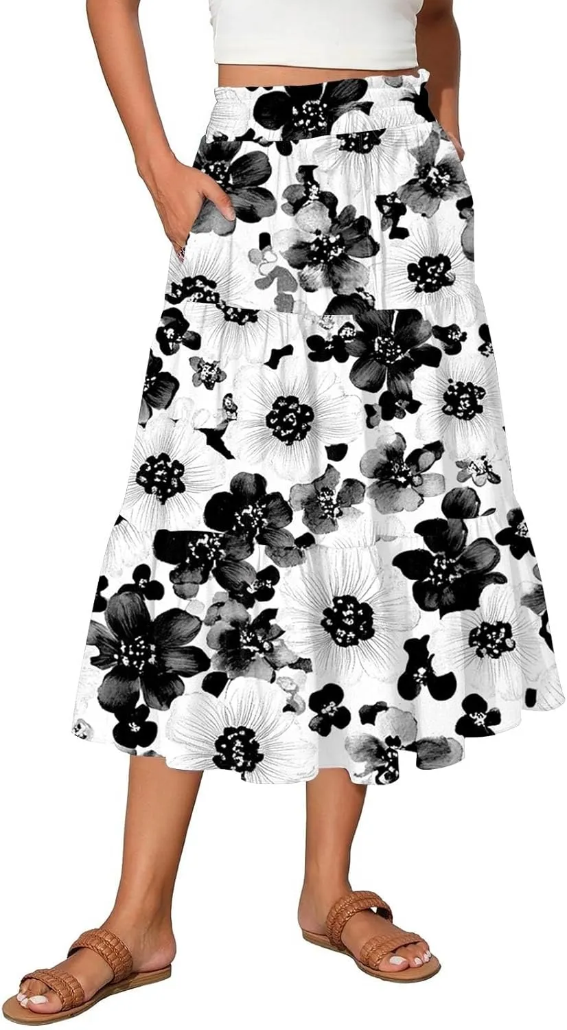 Midi Skirts for Women 2025 Boho Floral Skirts High Elastic Waisted Tiered Ruffle Skirt Flowy A Line Skorts with Pockets