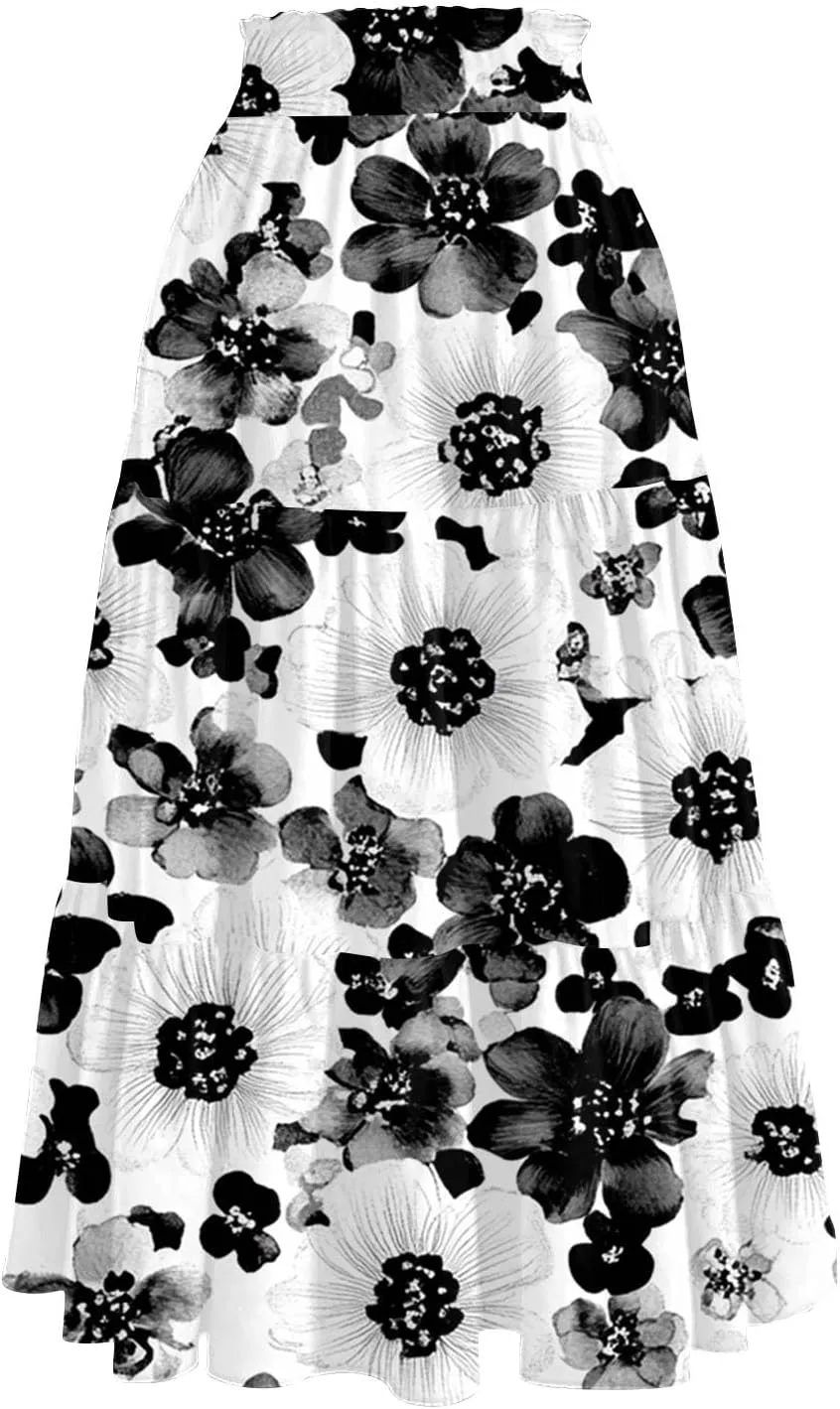 Midi Skirts for Women 2025 Boho Floral Skirts High Elastic Waisted Tiered Ruffle Skirt Flowy A Line Skorts with Pockets