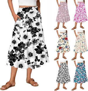 Midi Skirts for Women 2025 Boho Floral Skirts High Elastic Waisted Tiered Ruffle Skirt Flowy A Line Skorts with Pockets