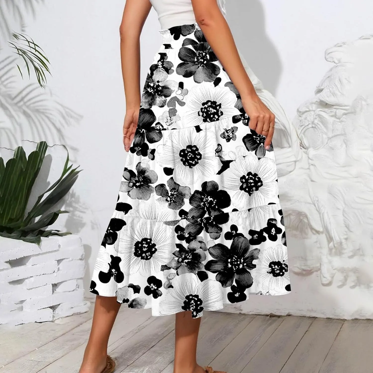 Midi Skirts for Women 2025 Boho Floral Skirts High Elastic Waisted Tiered Ruffle Skirt Flowy A Line Skorts with Pockets