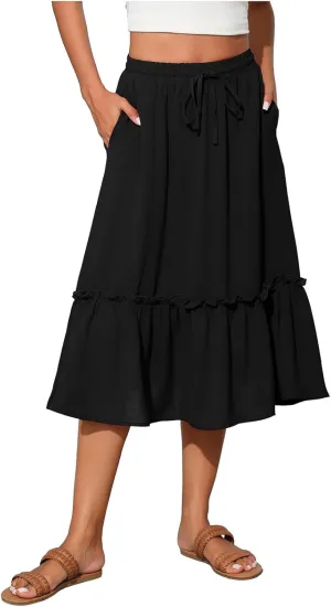 Midi Skirts for Women Casual Summer Boho Flowy Swing Ruffle Tiered A-Line Elastic Tie Waist Pleated Long Skirt Dress
