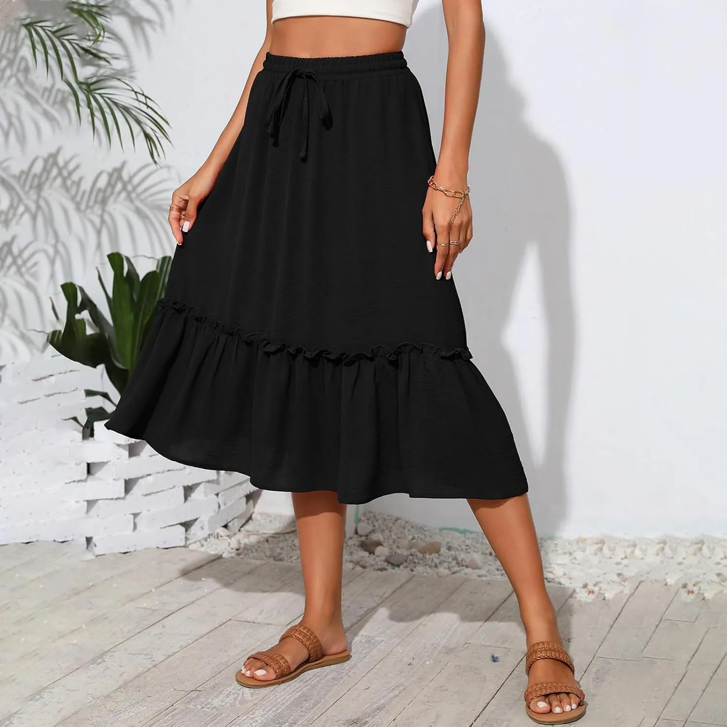 Midi Skirts for Women Casual Summer Boho Flowy Swing Ruffle Tiered A-Line Elastic Tie Waist Pleated Long Skirt Dress