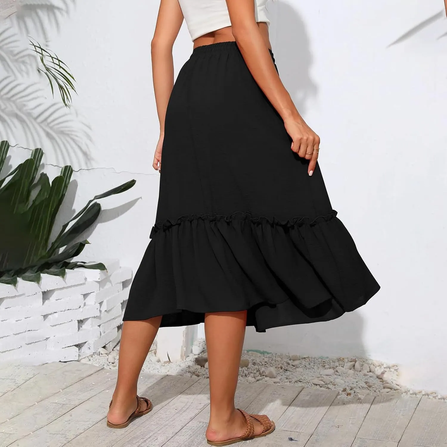 Midi Skirts for Women Casual Summer Boho Flowy Swing Ruffle Tiered A-Line Elastic Tie Waist Pleated Long Skirt Dress