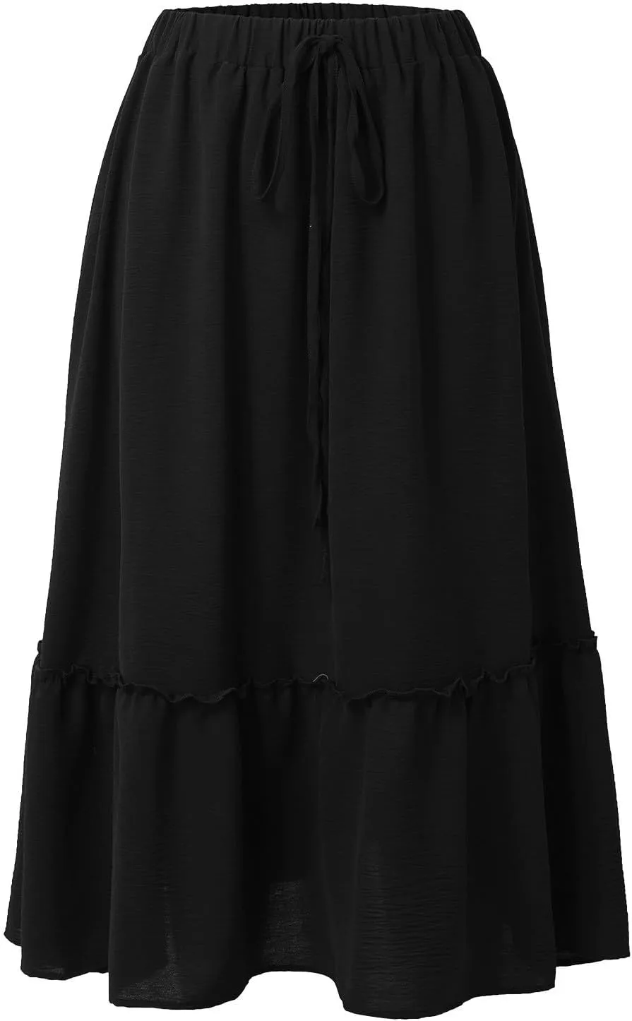 Midi Skirts for Women Casual Summer Boho Flowy Swing Ruffle Tiered A-Line Elastic Tie Waist Pleated Long Skirt Dress