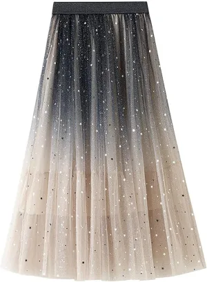 Midi Skirts for Women Fashion Women Summer Gradient Color Tulle Skirt High Waist Pleated Long Pencil Skirt for
