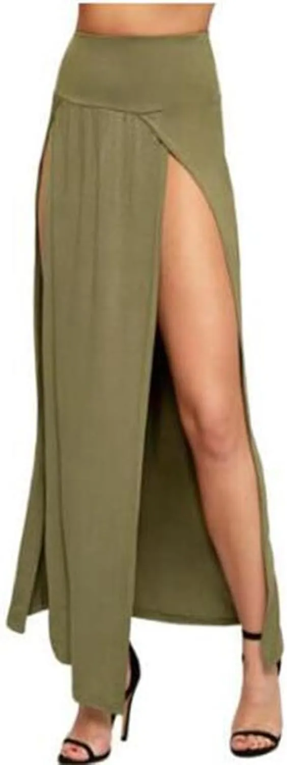 Midi Skirts for Women Womens Double Split Maxi Long Skirt Ladies Plain Basic Two Side Slit 4 22