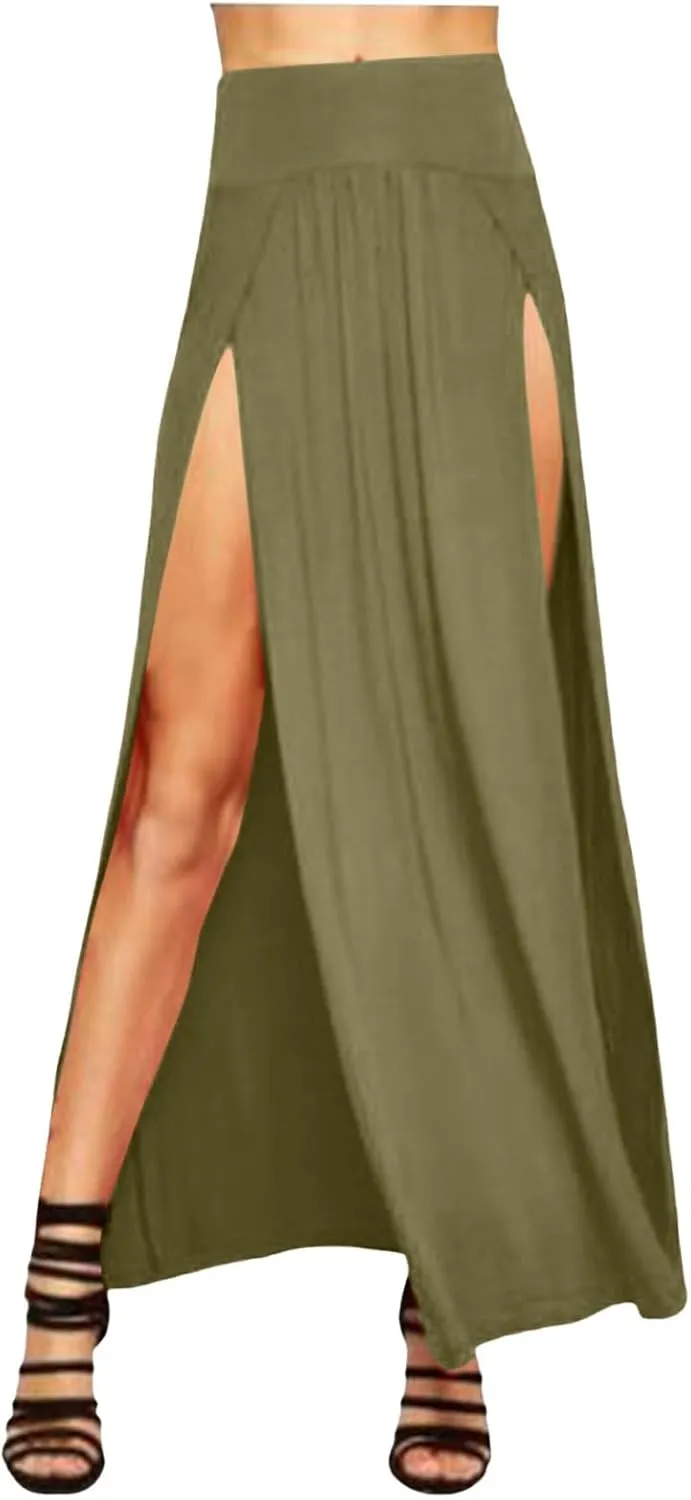 Midi Skirts for Women Womens Double Split Maxi Long Skirt Ladies Plain Basic Two Side Slit 4 22