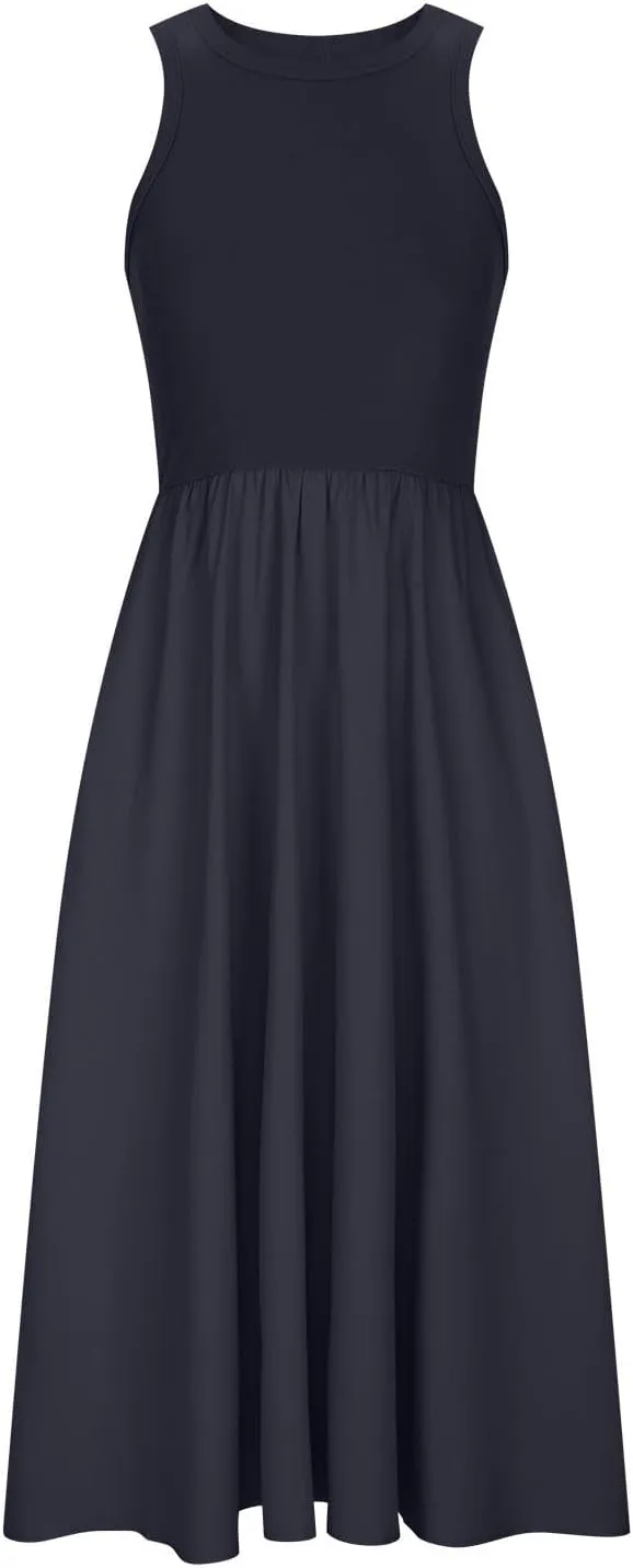 Midi Summer Dresses for Women 2024 Casual Ribbed Loose Fit a Line Dresses Solid Color Sleeveless Long Maxi Dresses