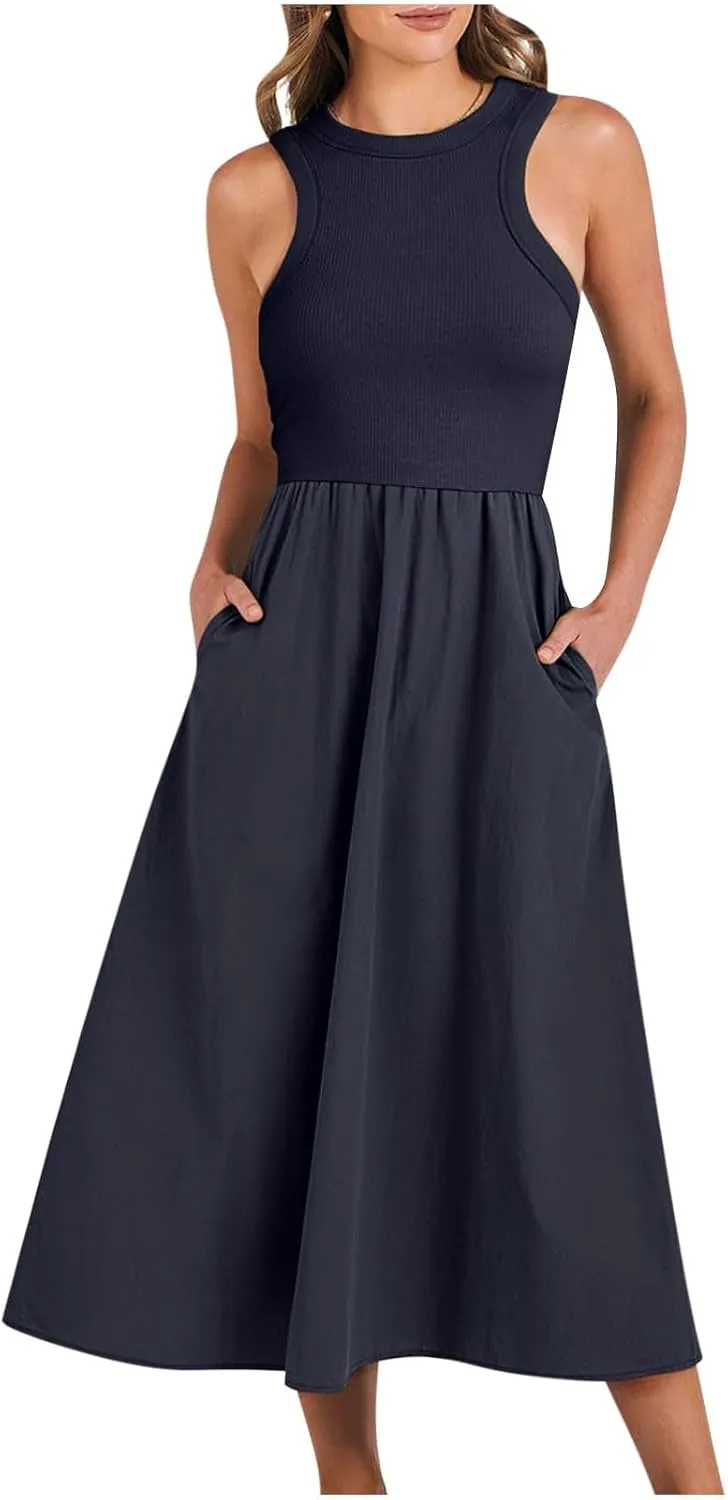 Midi Summer Dresses for Women 2024 Casual Ribbed Loose Fit a Line Dresses Solid Color Sleeveless Long Maxi Dresses