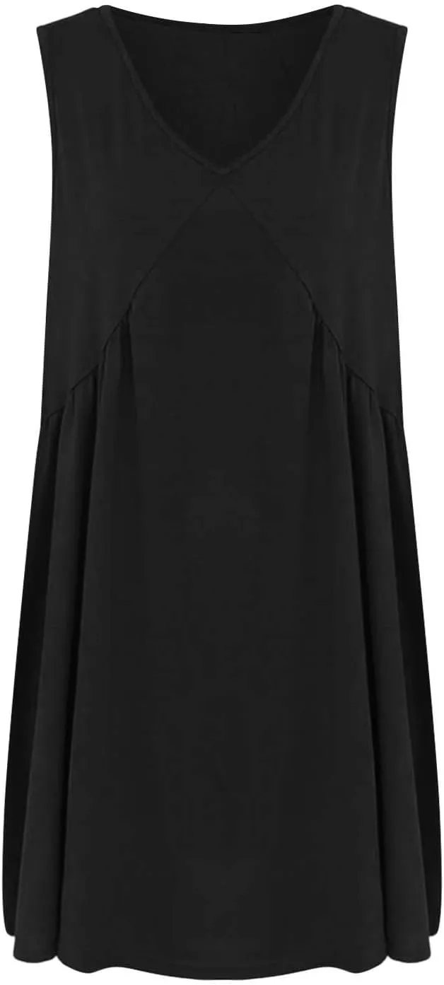 Mini Dresses for Women 2024 Pleated Swing Flowy Solid Color Sleveless Sundress Pockets V Neck Casual Beach Tank Dress