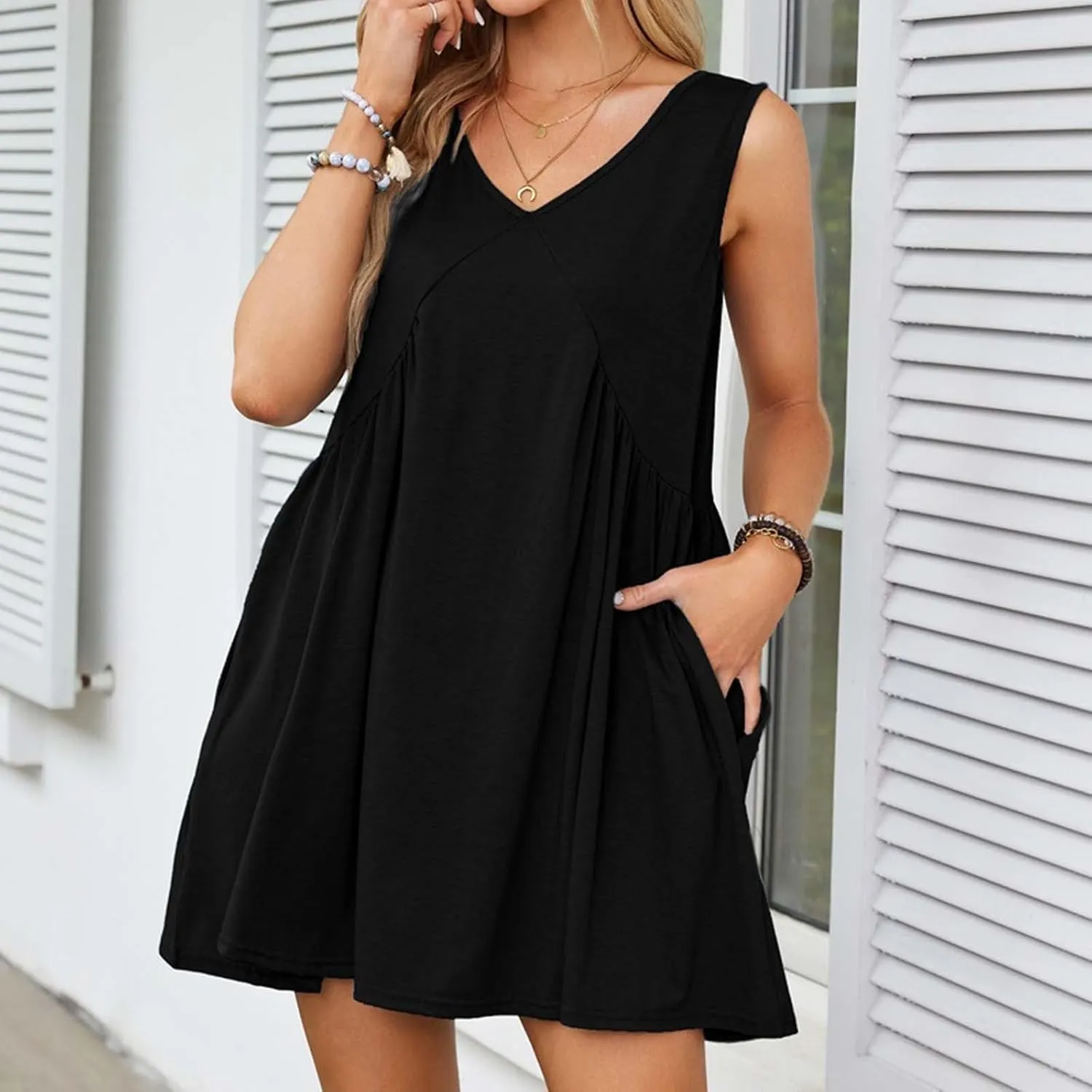 Mini Dresses for Women 2024 Pleated Swing Flowy Solid Color Sleveless Sundress Pockets V Neck Casual Beach Tank Dress