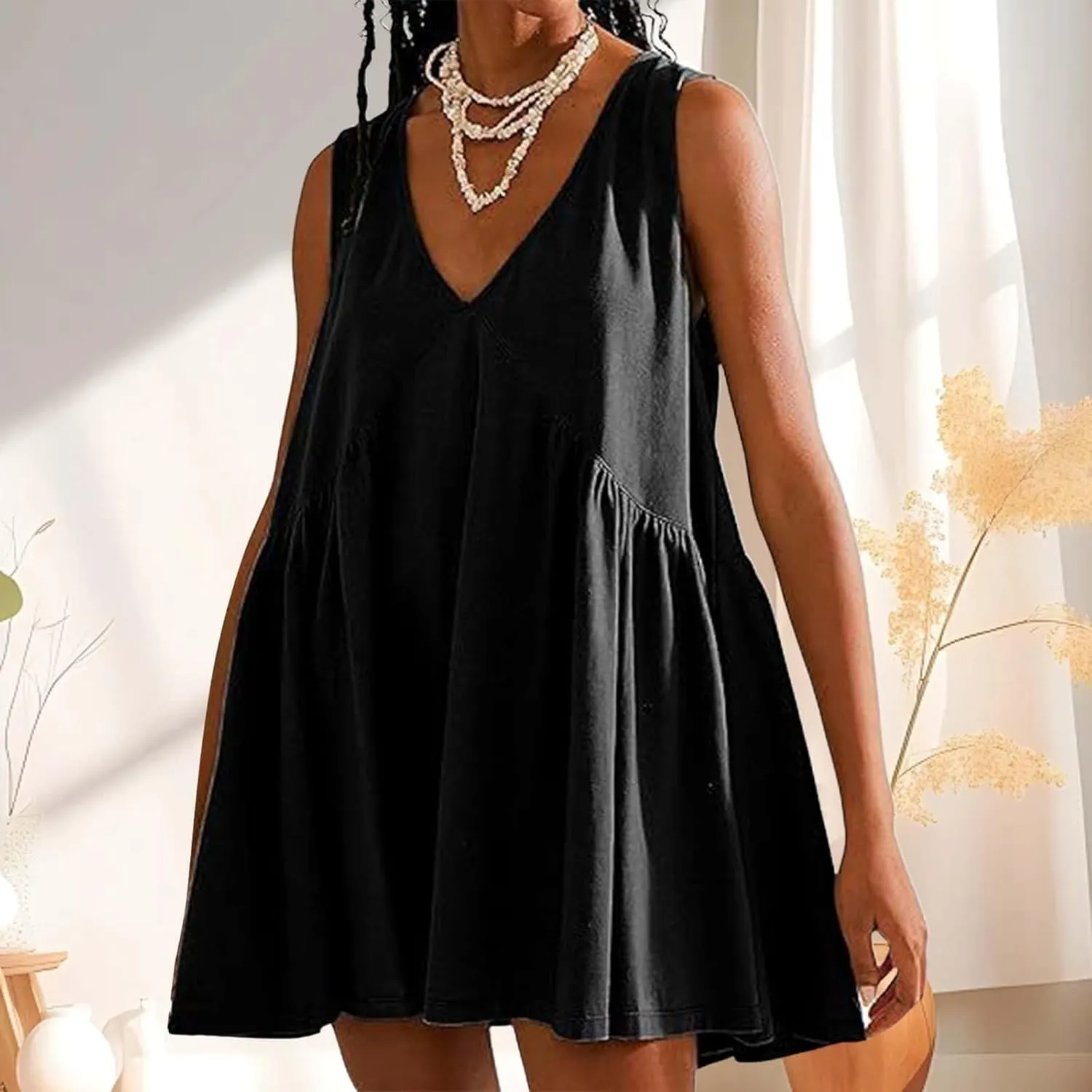 Mini Dresses for Women 2024 Pleated Swing Flowy Solid Color Sleveless Sundress Pockets V Neck Casual Beach Tank Dress