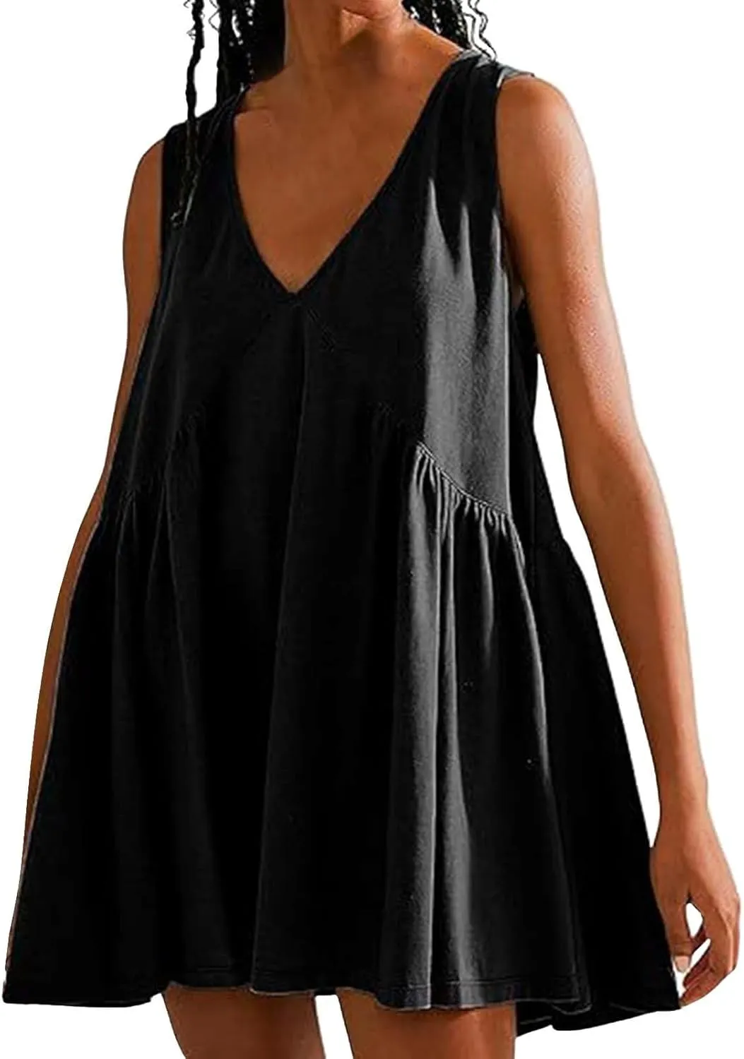 Mini Dresses for Women 2024 Pleated Swing Flowy Solid Color Sleveless Sundress Pockets V Neck Casual Beach Tank Dress